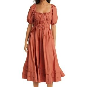 ULLA JOHNSON 100% Cotton Palma Puff Sleeve‎ Midi Dress Rust Orange Women Size 2
